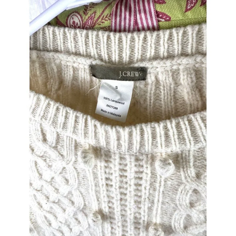 J.Crew Womens Cable-Knit Lambswool Pom-Pom Sweater Ivory Size S Cozy EUC